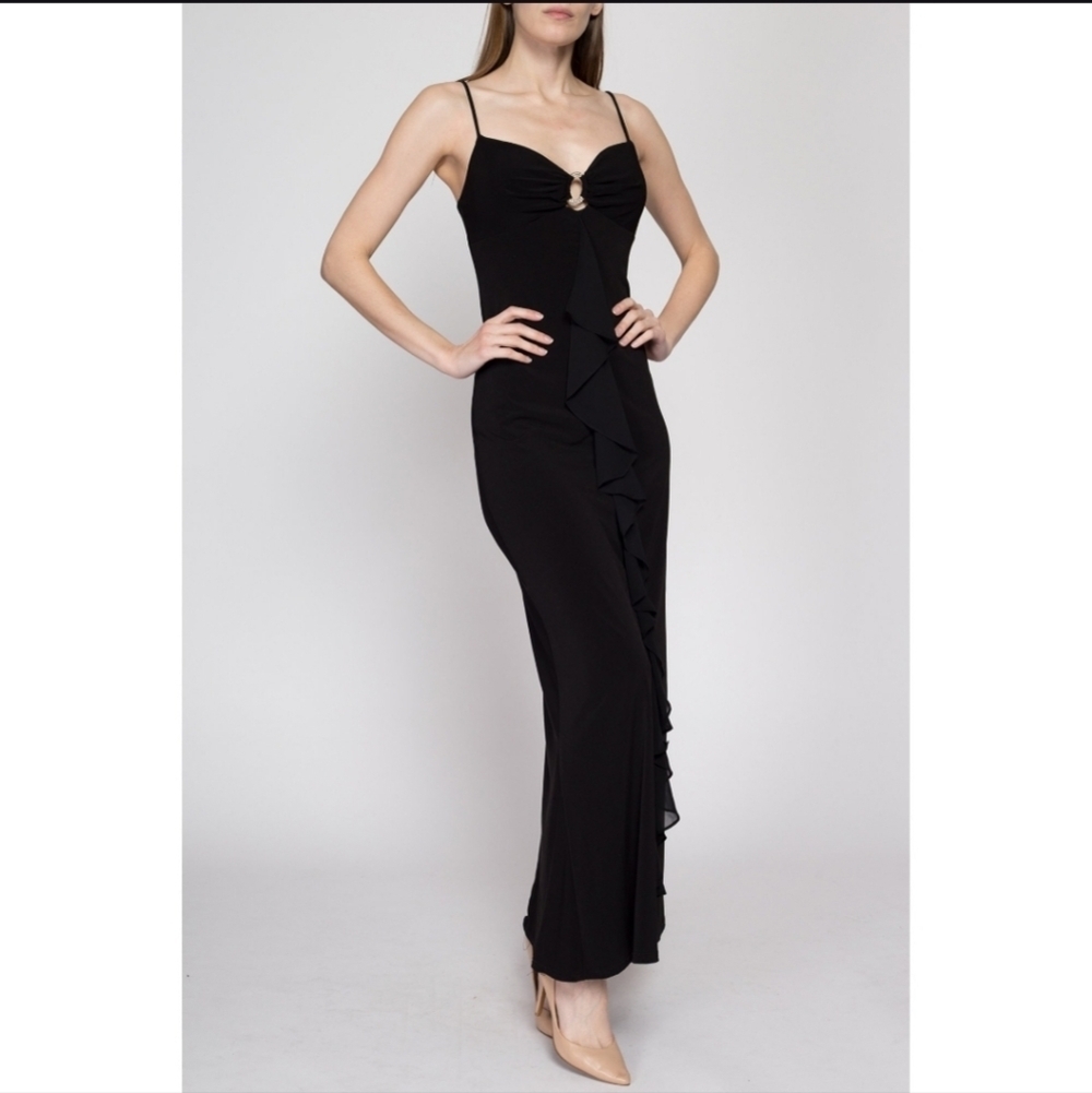 VINTAGE 90-00 JUMP Festive Maxi Women Dress Size 5-6 Black Stretch Made In USA - Picture 4 of 16